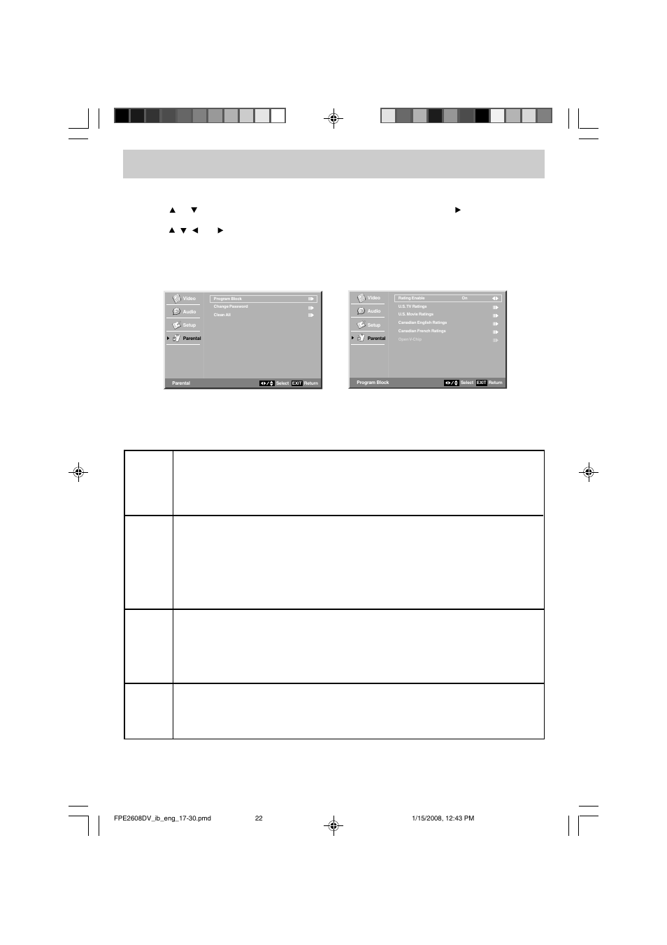 Tv setup, Parental control setting | Audiovox FPE2608DV User Manual | Page 23 / 31