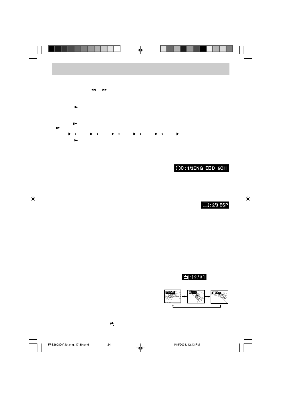 Playing a disc, Angle selection (dvd), Audio selection (dvd) | Subtitle selection (dvd), Fast forward / fast reverse, Slow-motion play (dvd) | Audiovox FPE2608DV User Manual | Page 25 / 31