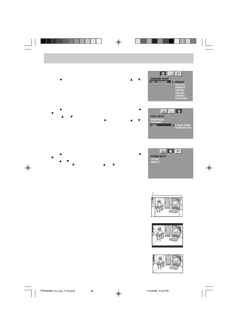 Customizing the function settings, System setup, Language setup | Video setup | Audiovox FPE2608DV User Manual | Page 29 / 31