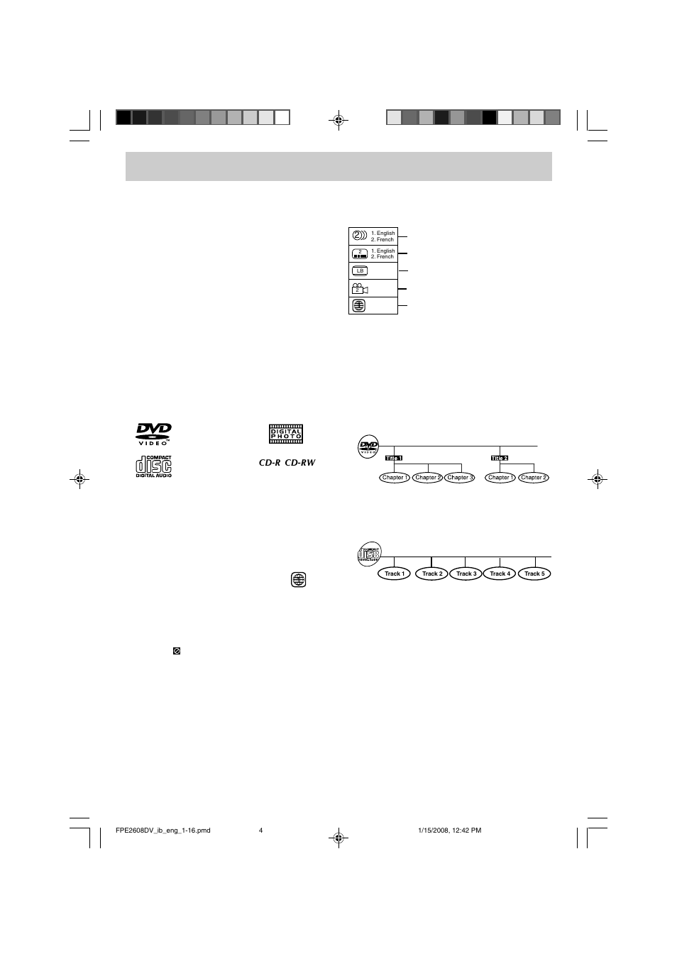 Disc formats, Region management information, Disc function or operation that is not available | Icons used on dvds, Titles, chapters and tracks | Audiovox FPE2608DV User Manual | Page 5 / 31