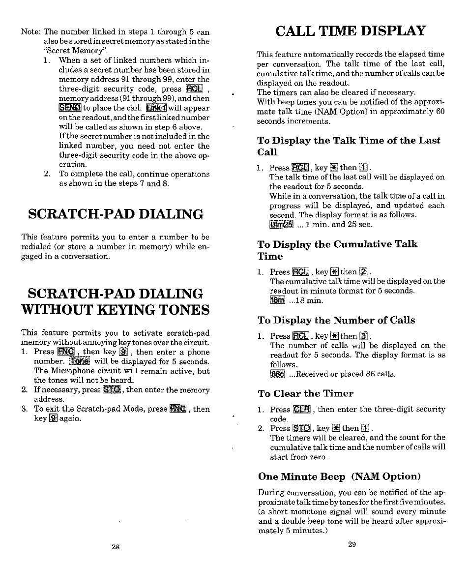 Scratch pad dialing, Scratch pad dialing without keying tones, Call time display | To display the talk time of the last call, To display the cumulative talk time, To display the number of calls, To clear the timer, One minute beep (nam option), Scratch-pad dialing, Without keying tones | Audiovox MVX-500 User Manual | Page 15 / 18