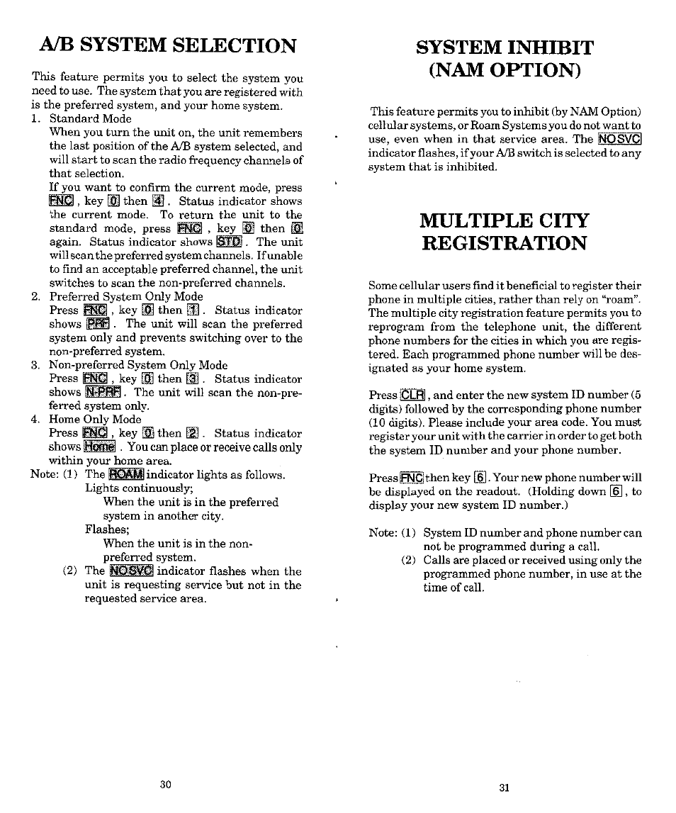 A/b system selection, System inhibit (nam option), Multiple city registration | Audiovox MVX-500 User Manual | Page 16 / 18