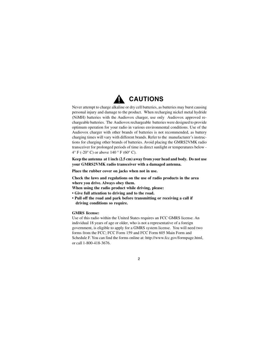 Cautions | Audiovox GMRS2VMK User Manual | Page 2 / 28