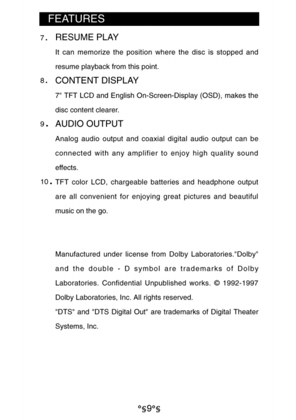 Features, Resume play, Content display | Audio output | Audiovox D1730 User Manual | Page 10 / 46