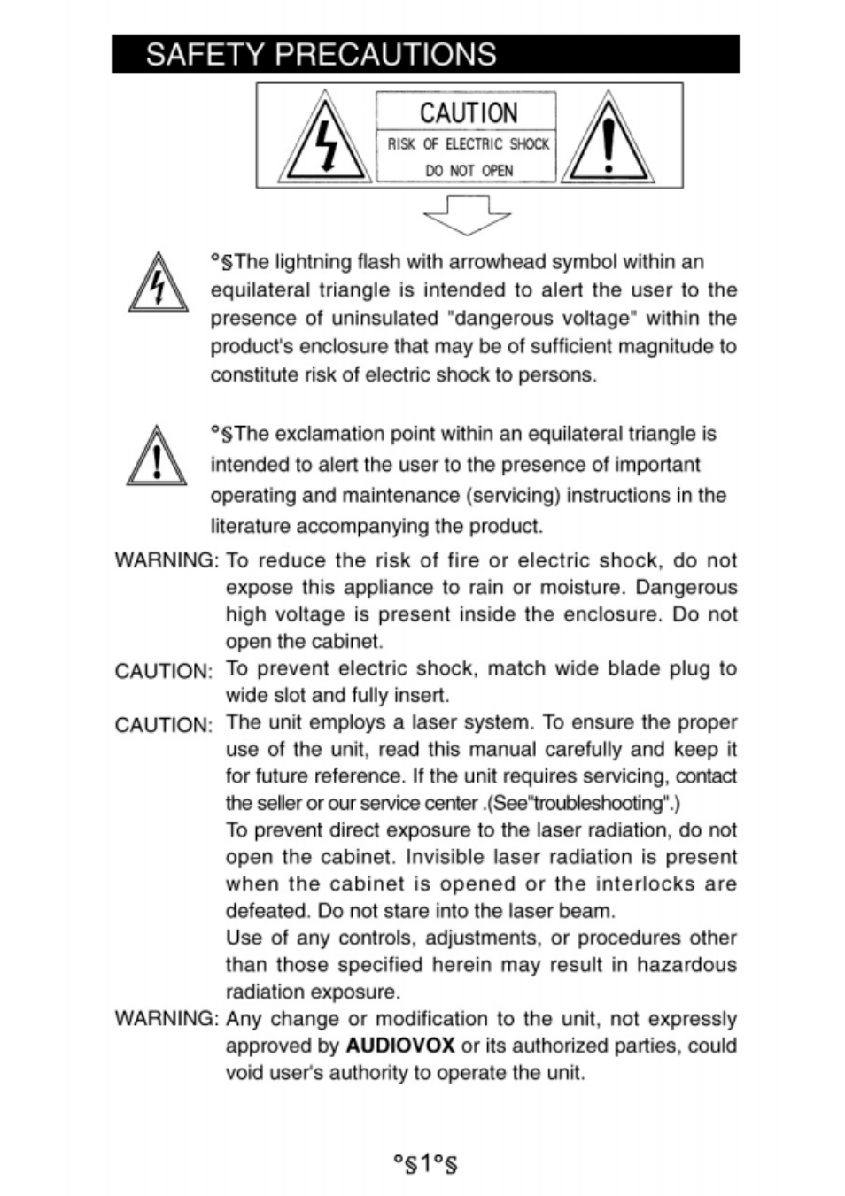 Safety precautions | Audiovox D1730 User Manual | Page 2 / 46