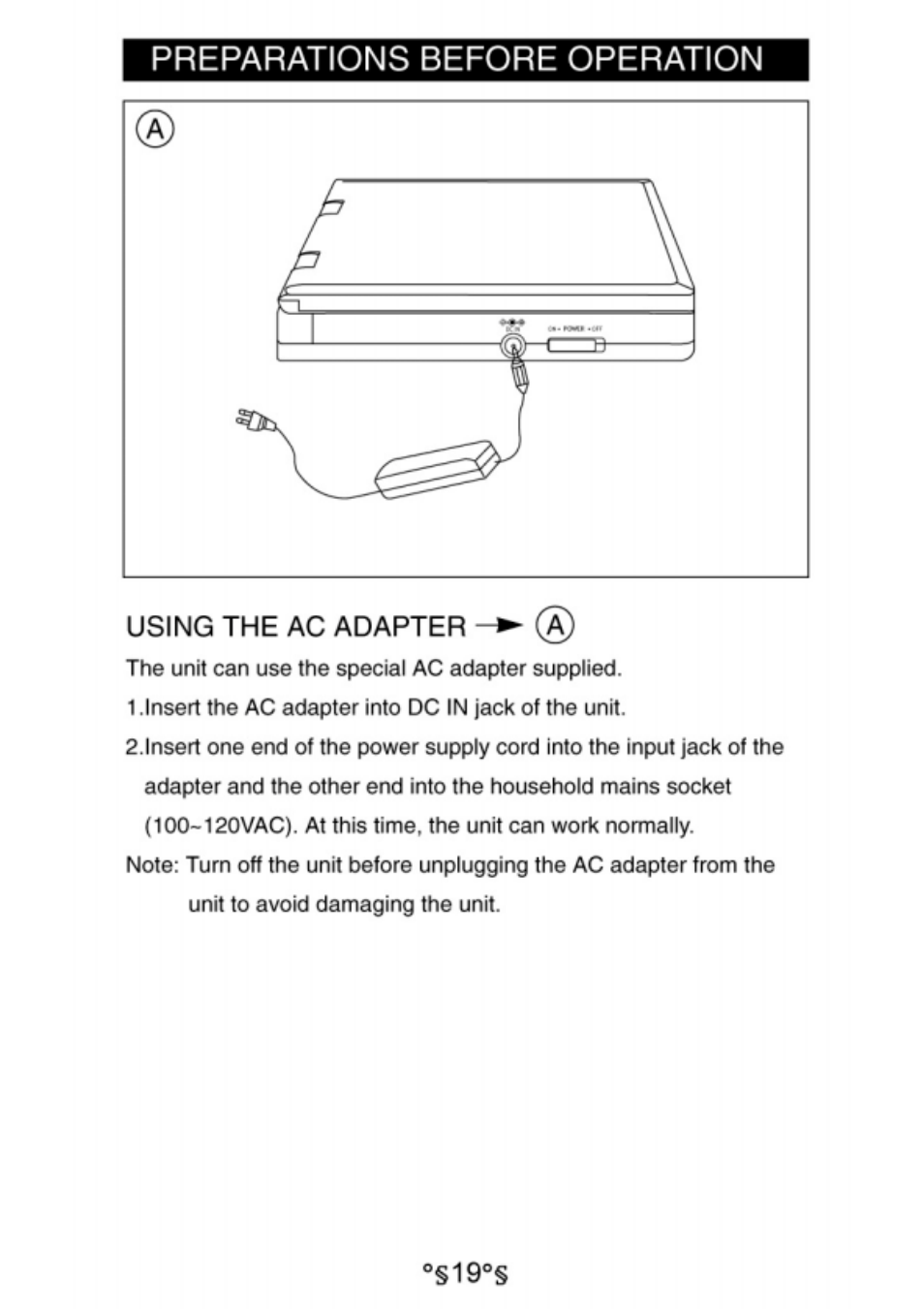 Using the ac adapter, The unit can use the special ac adapter supplied, Preparations before operation | Audiovox D1730 User Manual | Page 20 / 46