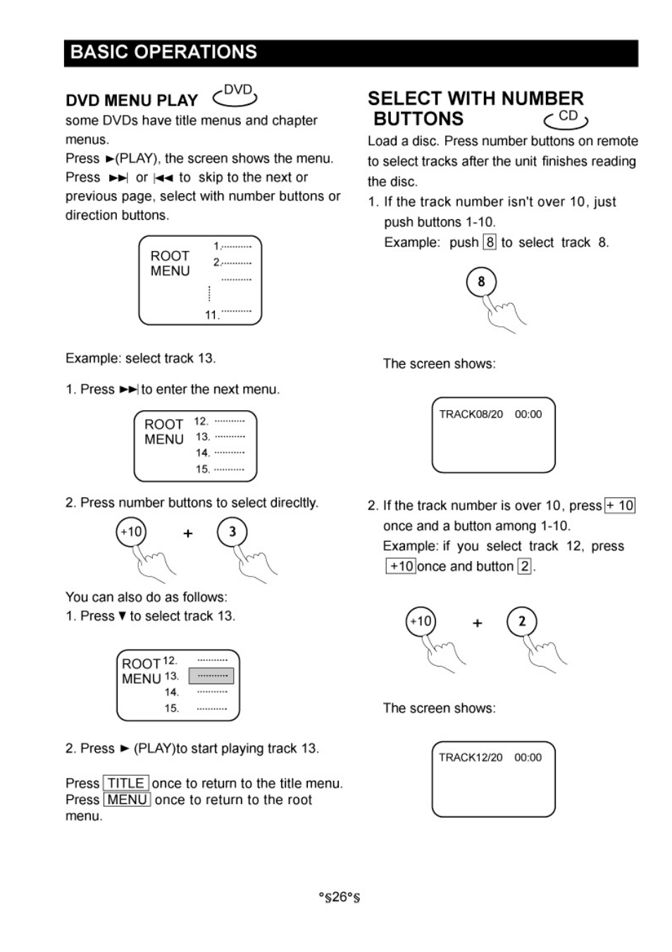 Dvd menu play, Select with number buttons, Basic operations | Audiovox D1730 User Manual | Page 27 / 46