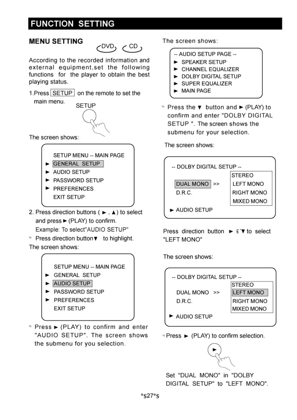 Function setting | Audiovox D1730 User Manual | Page 28 / 46