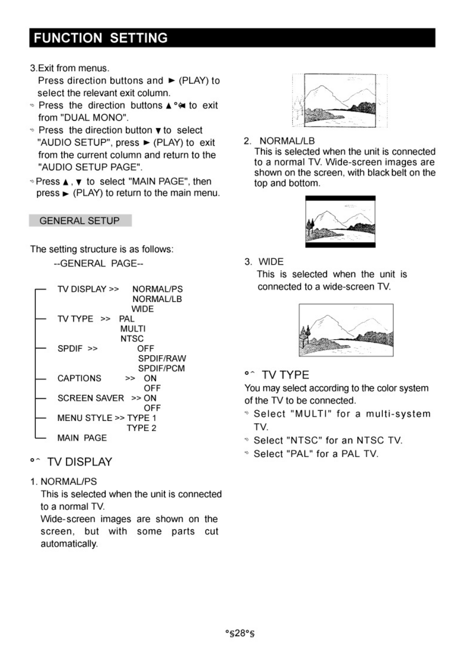 Tv display, Tvtype, Function setting | Audiovox D1730 User Manual | Page 29 / 46