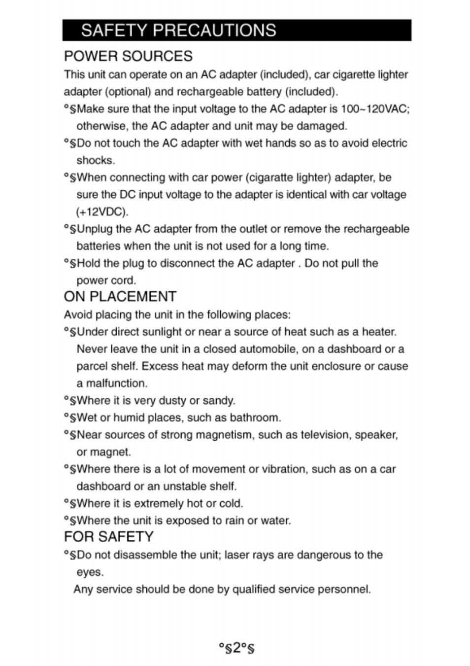 Power sources, On placement, For safety | Safety precautions | Audiovox D1730 User Manual | Page 3 / 46