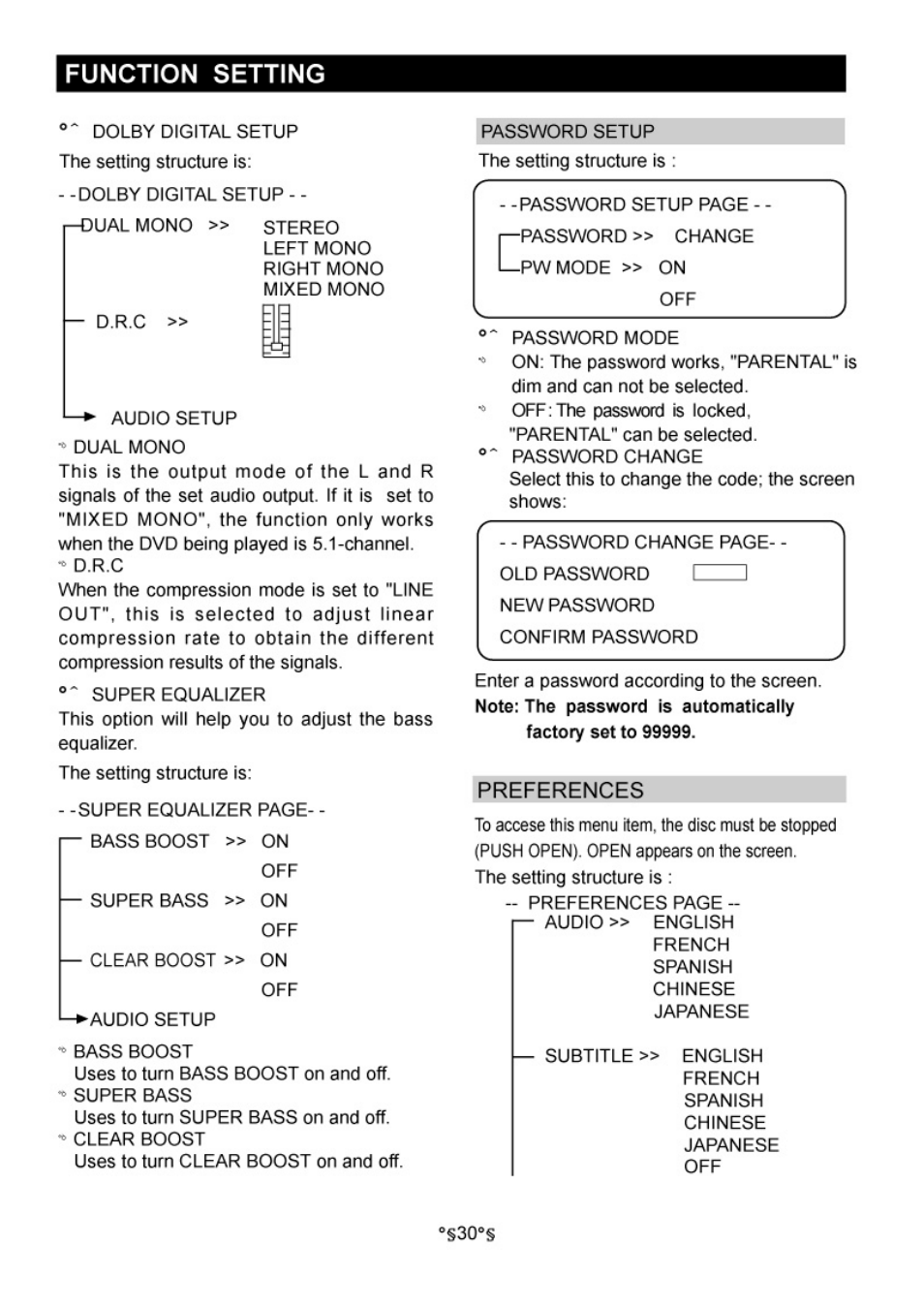 Preferences, Function setting | Audiovox D1730 User Manual | Page 31 / 46