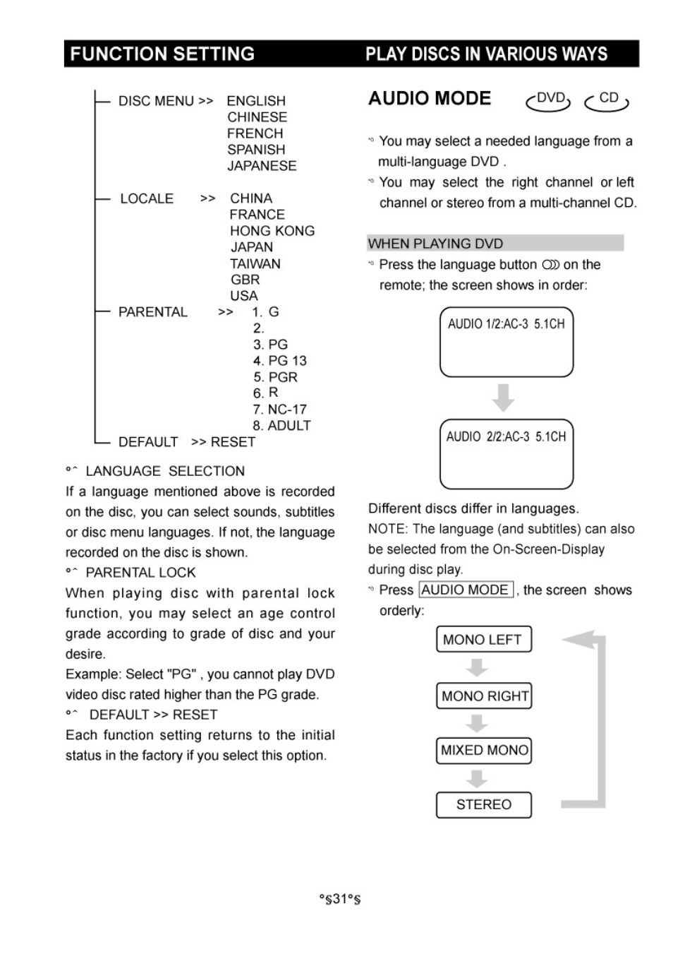 Audio mode, Function setting, Puy discs in various ways | Audiovox D1730 User Manual | Page 32 / 46