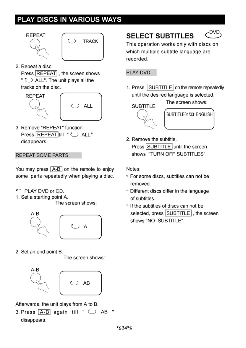 Select subtitles, Play discs in various ways | Audiovox D1730 User Manual | Page 35 / 46