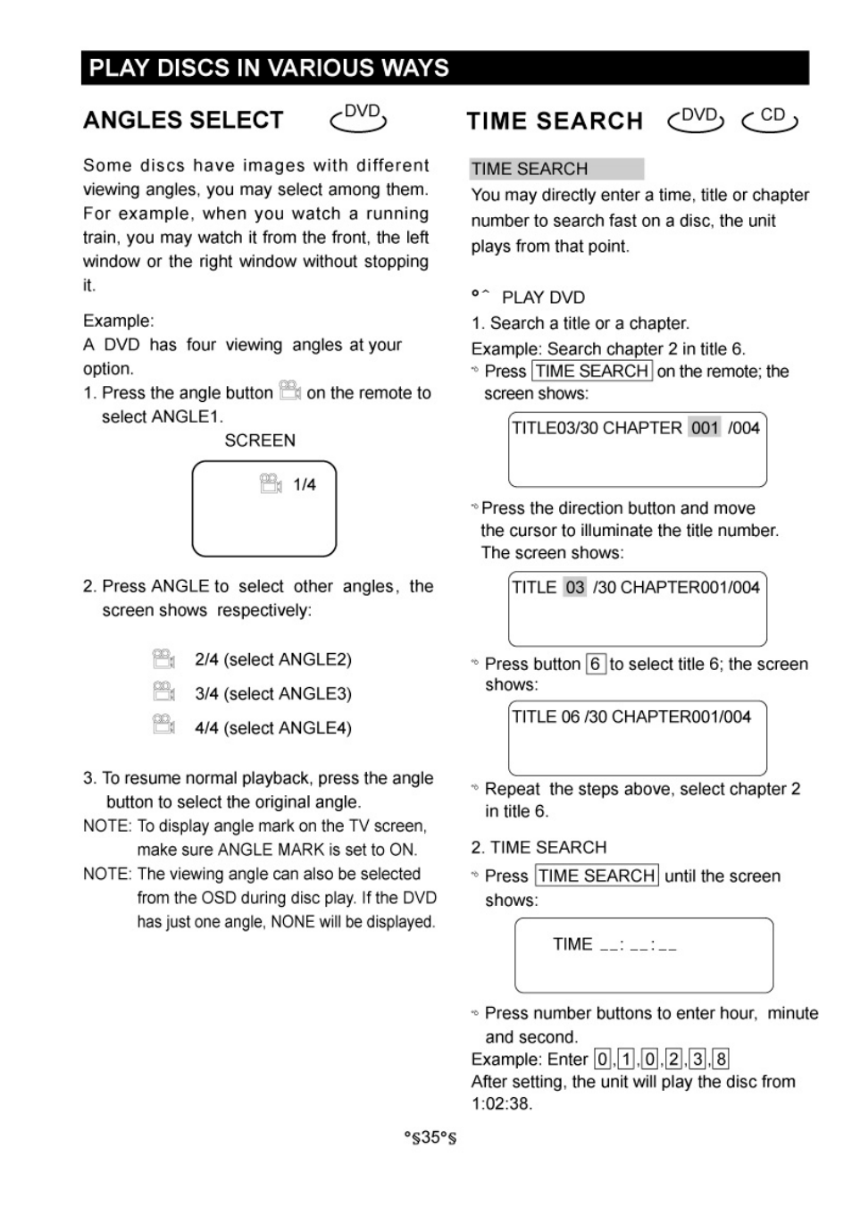 Angles select, Time search, Play discs in various ways | Audiovox D1730 User Manual | Page 36 / 46