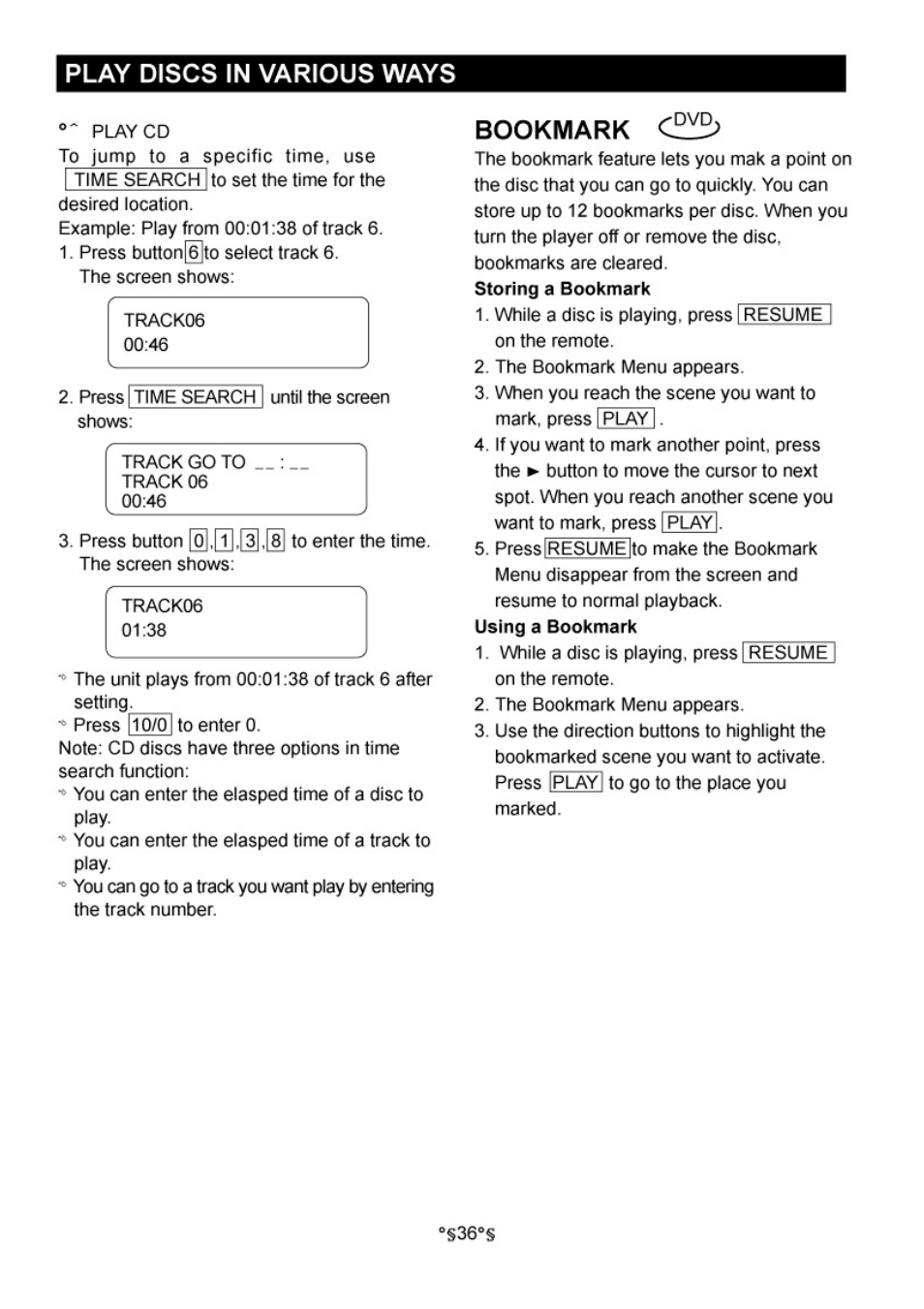 Bookmark, Play discs in various ways, 0,[t|,[3],[8 | Audiovox D1730 User Manual | Page 37 / 46