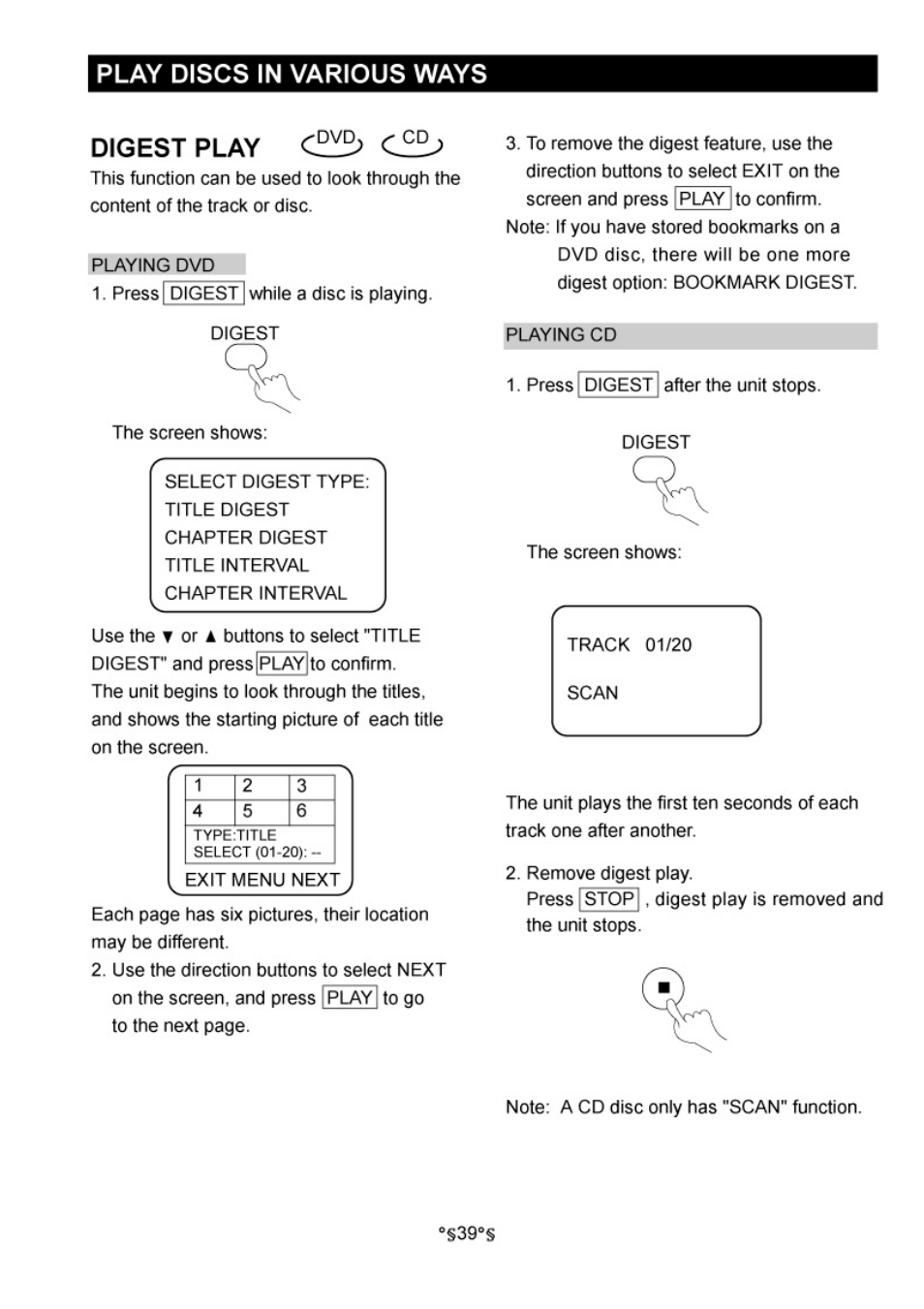 Digest play, Play discs in various ways | Audiovox D1730 User Manual | Page 40 / 46