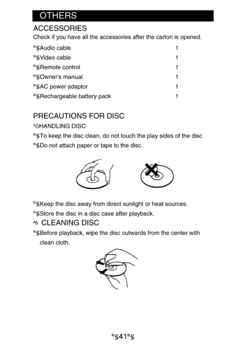 Accessories, Precautions for disc, 6 cleaning disc | Others | Audiovox D1730 User Manual | Page 42 / 46