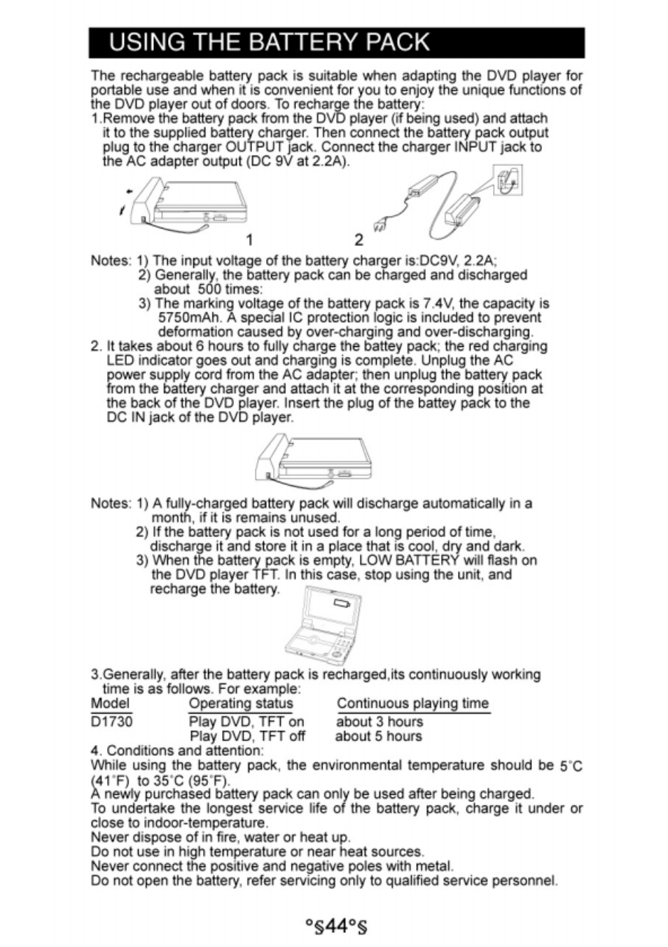 Using the battery pack | Audiovox D1730 User Manual | Page 45 / 46