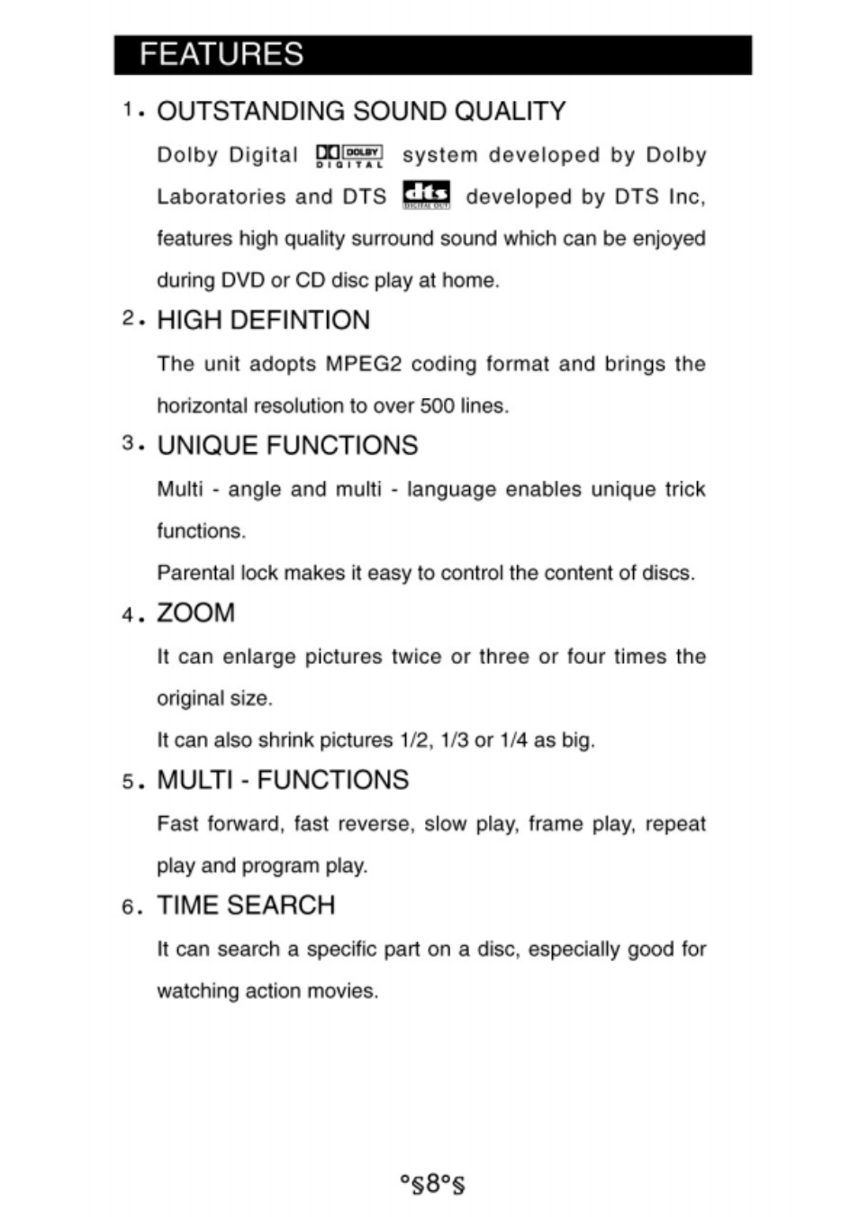 Features, 1 • outstanding sound quality, High defintion | Unique functions, Zoom, Multi - functions, Time search | Audiovox D1730 User Manual | Page 9 / 46