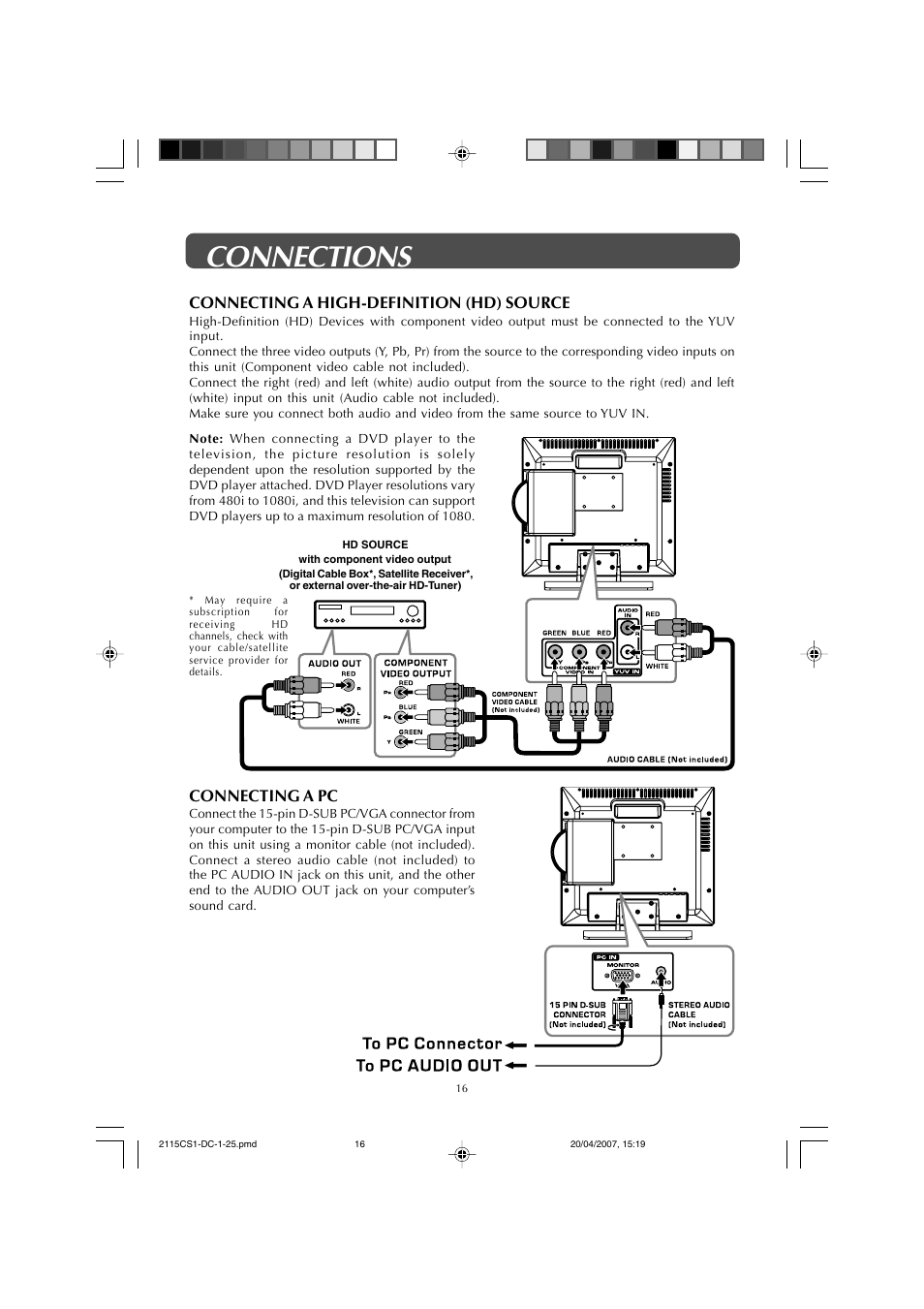 Connections, Connecting a pc, Connecting a high-definition (hd) source | Audiovox FPE1507DV User Manual | Page 16 / 36