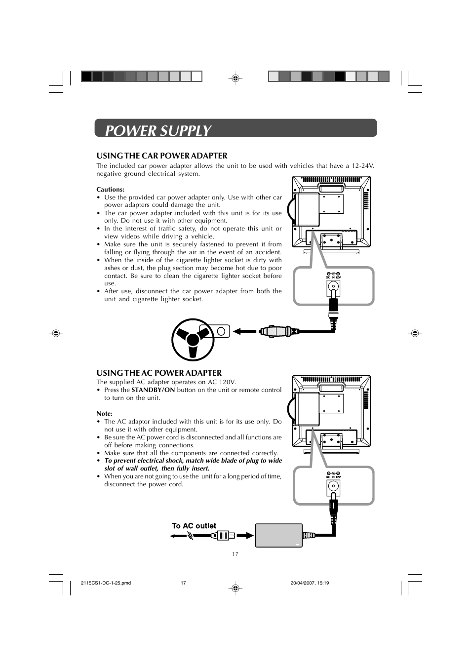 Power supply, Using the ac power adapter, Using the car power adapter | Audiovox FPE1507DV User Manual | Page 17 / 36