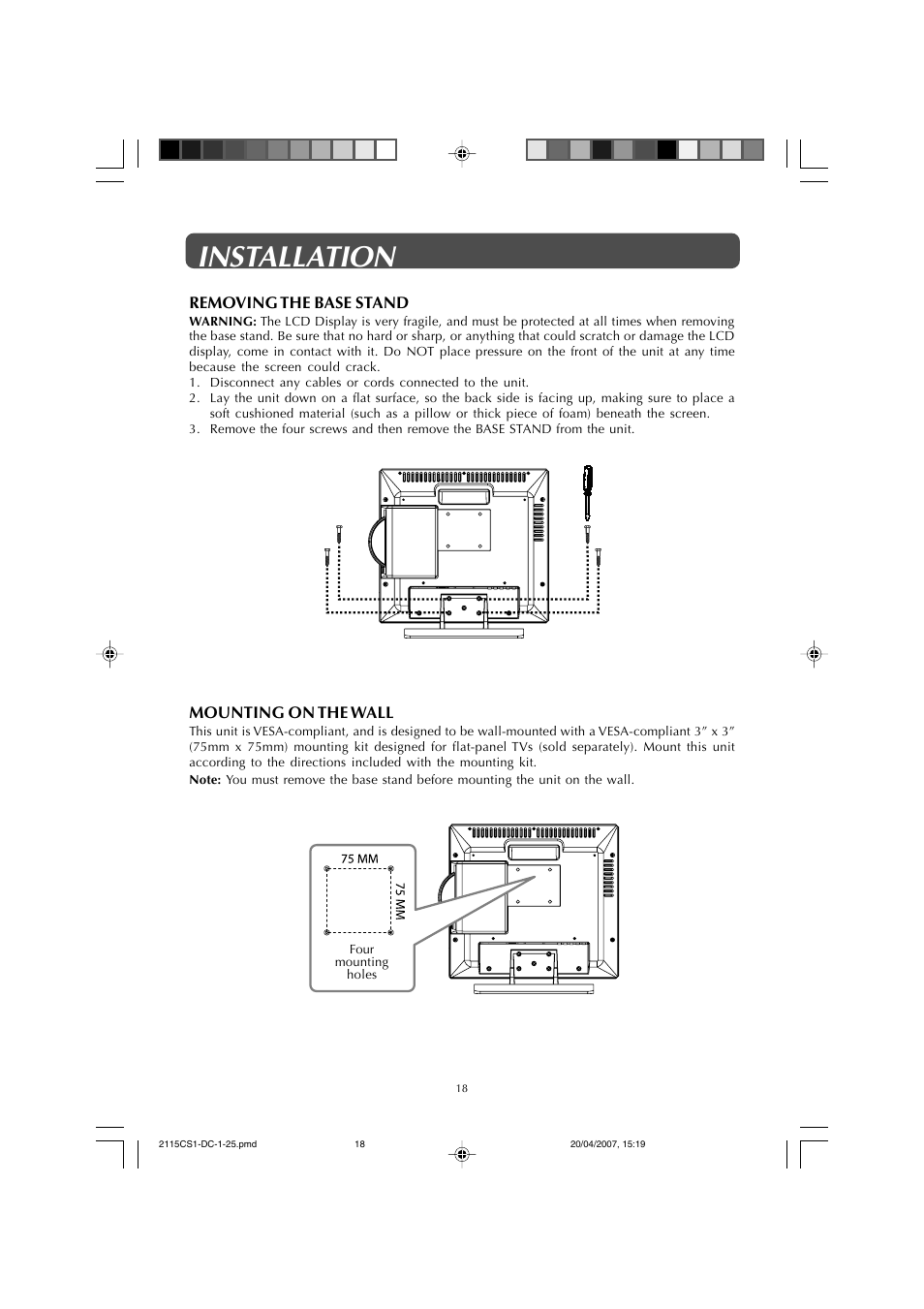 Installation | Audiovox FPE1507DV User Manual | Page 18 / 36