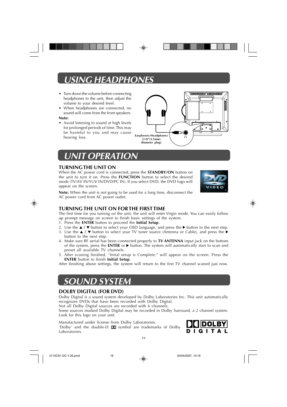 Using headphones unit operation, Sound system | Audiovox FPE1507DV User Manual | Page 19 / 36