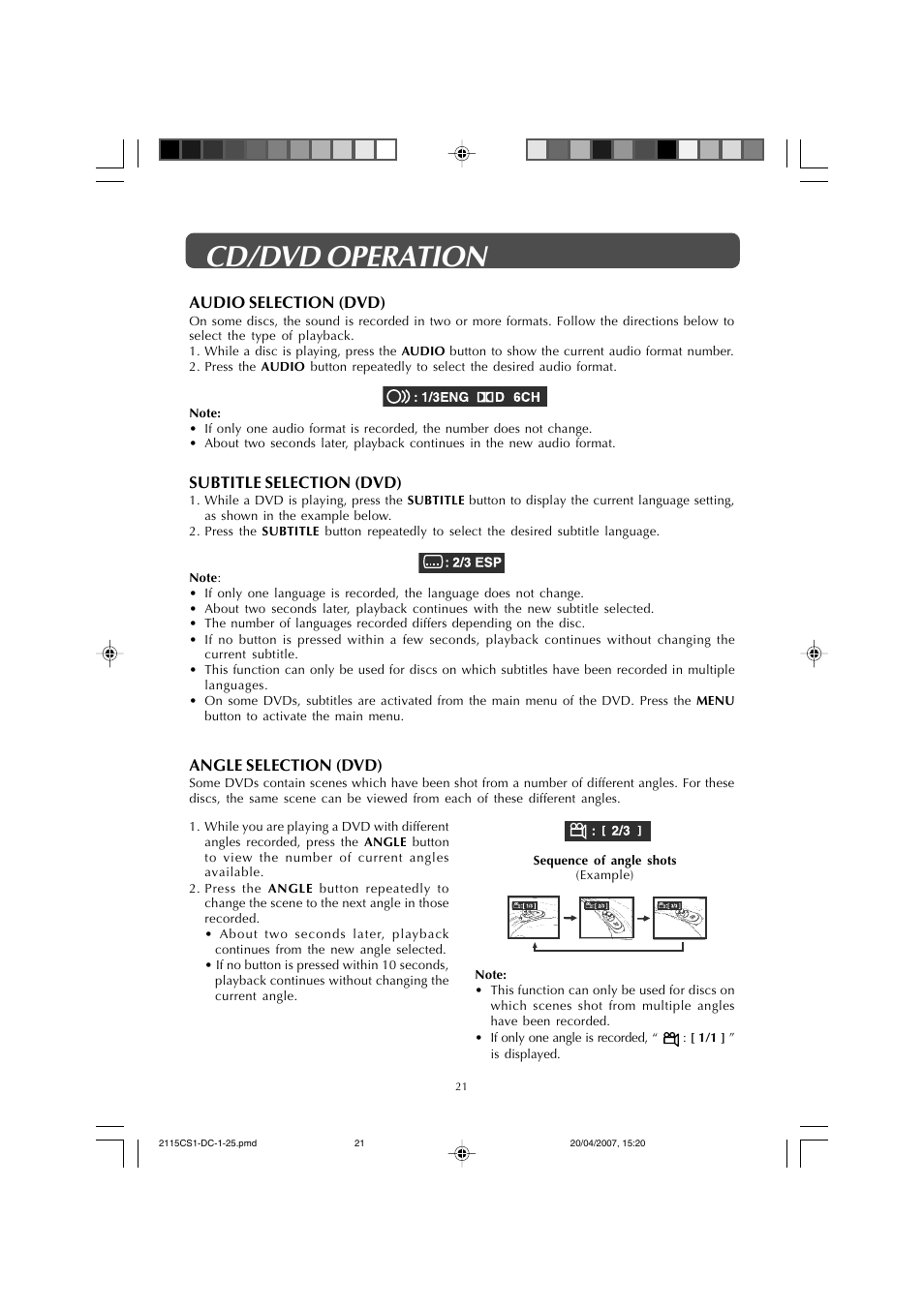 Cd/dvd operation, Audio selection (dvd), Subtitle selection (dvd) | Angle selection (dvd) | Audiovox FPE1507DV User Manual | Page 21 / 36