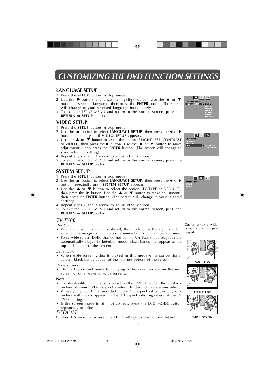 Customizing the dvd function settings, Language setup, Video setup | System setup, Tv type, Default | Audiovox FPE1507DV User Manual | Page 25 / 36
