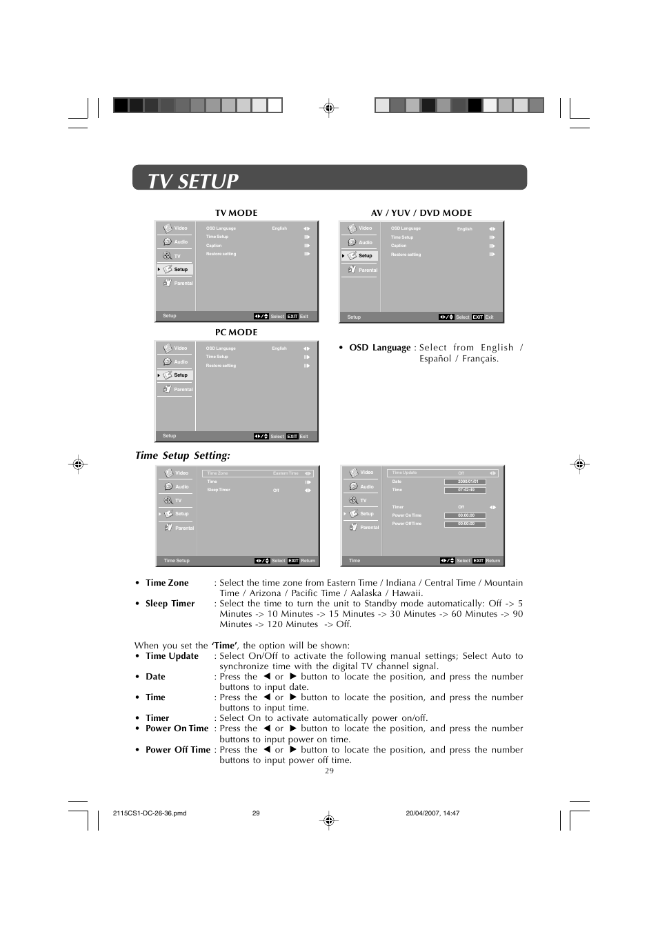 Tv setup, Time setup setting | Audiovox FPE1507DV User Manual | Page 29 / 36