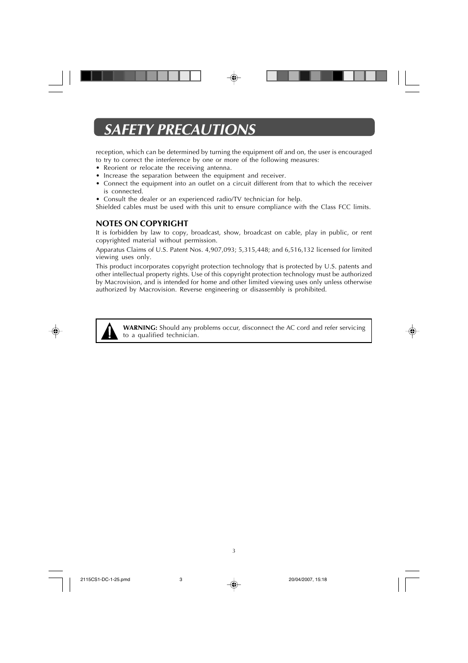 Safety precautions | Audiovox FPE1507DV User Manual | Page 3 / 36