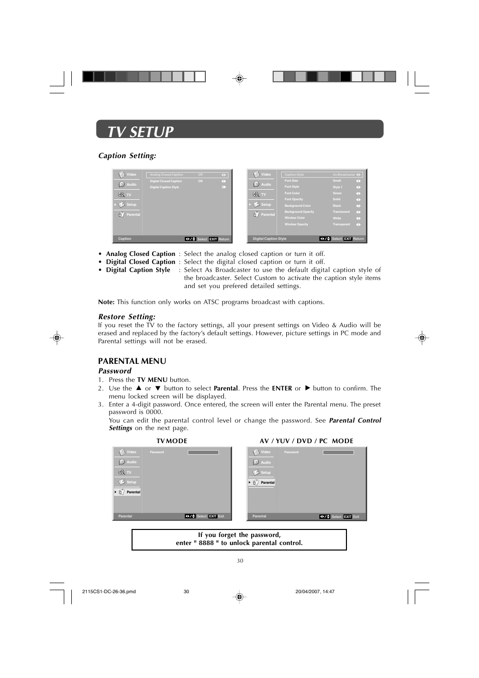 Tv setup, Parental menu, Password | Restore setting, Caption setting, Av / yuv / dvd / pc mode tv mode | Audiovox FPE1507DV User Manual | Page 30 / 36