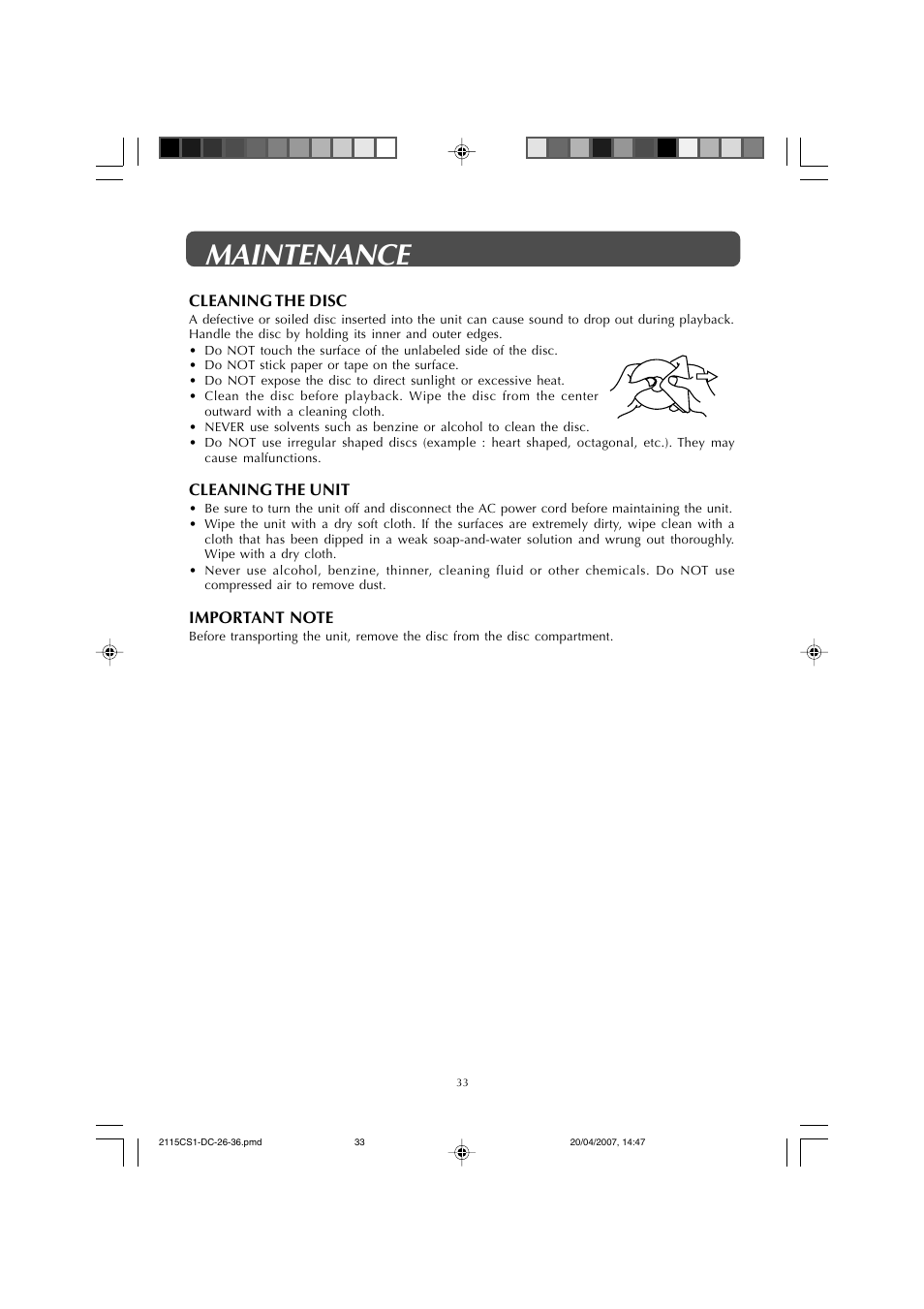 Maintenance | Audiovox FPE1507DV User Manual | Page 33 / 36
