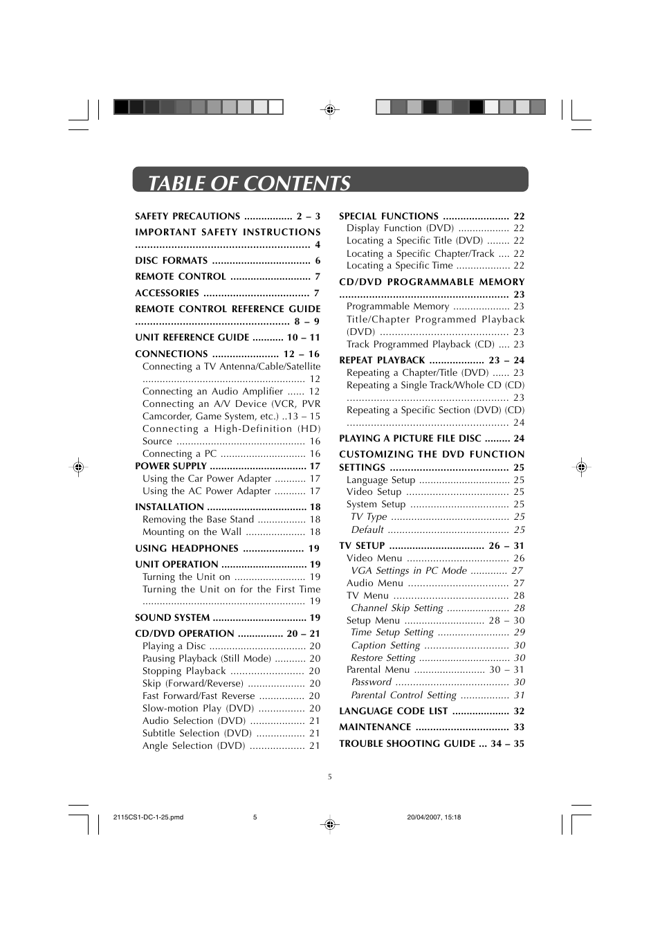 Audiovox FPE1507DV User Manual | Page 5 / 36