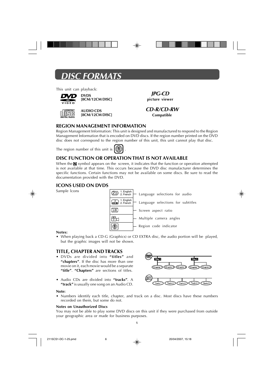 Disc formats, Cd-r/cd-rw, Jpg-cd | Title, chapter and tracks, Icons used on dvds, Region management information, Disc function or operation that is not available | Audiovox FPE1507DV User Manual | Page 6 / 36