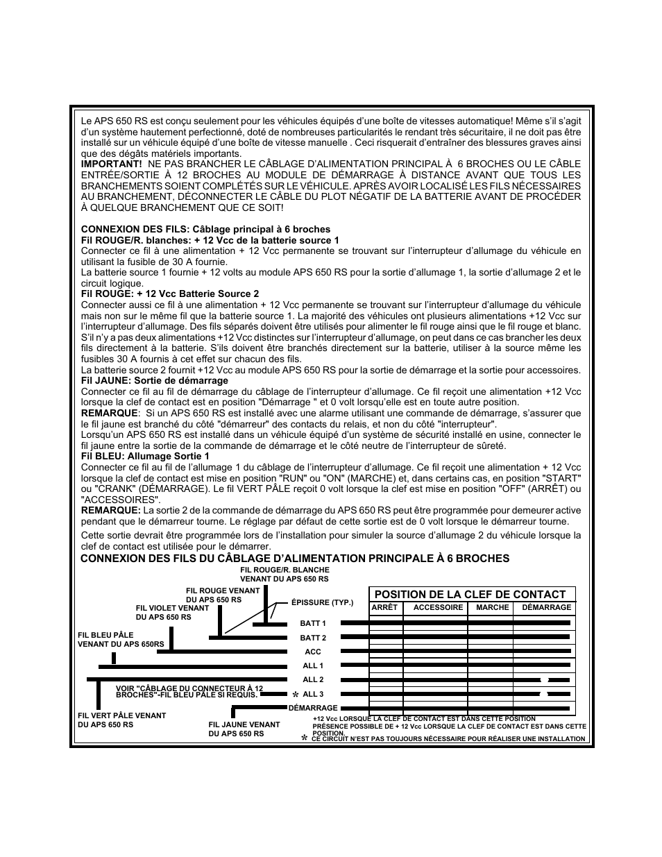 Position de la clef de contact | Audiovox APS 650 RS User Manual | Page 10 / 24