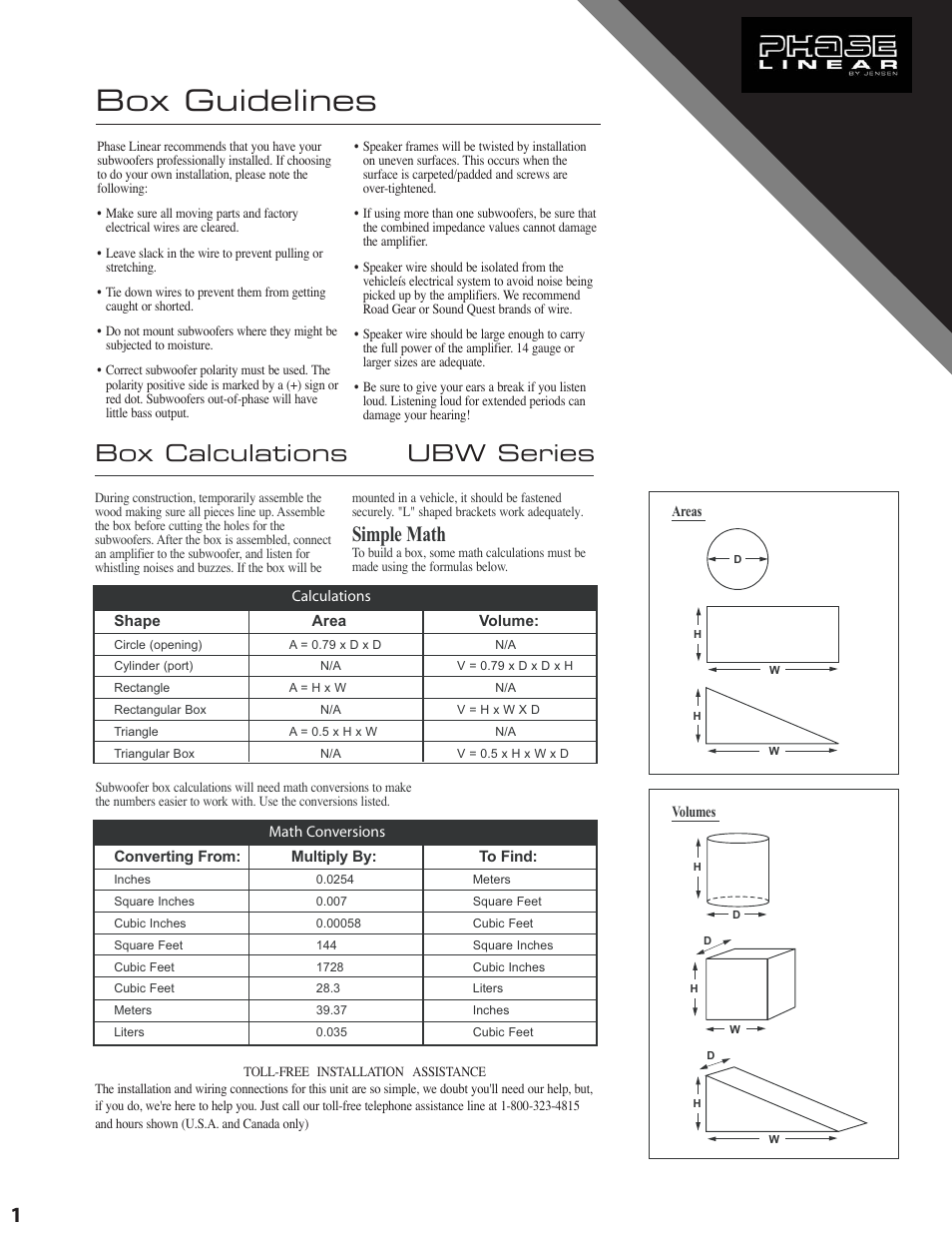 Box guidelines, Ubw series box calculations, Simple math | Audiovox UB104W User Manual | Page 2 / 7