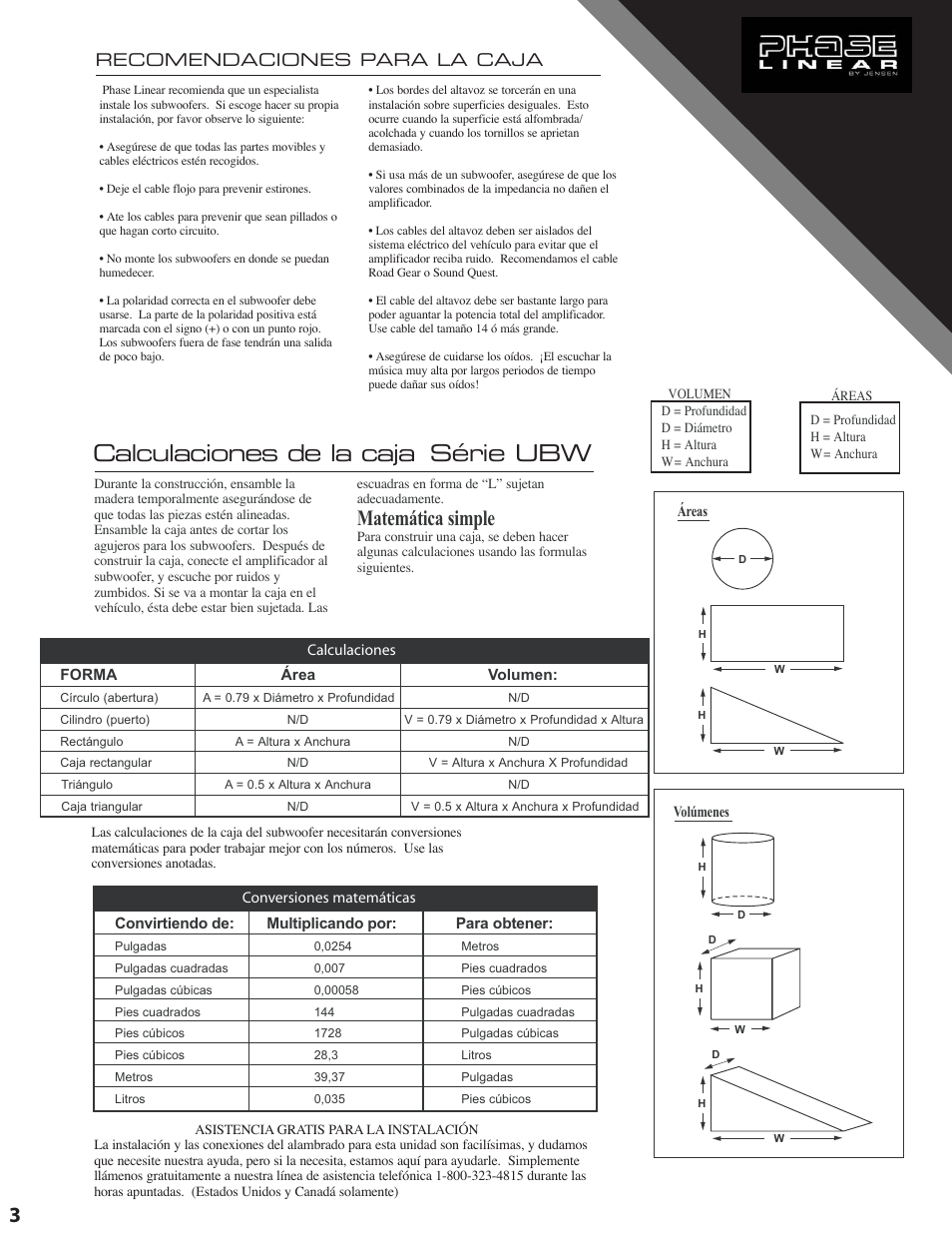 Série ubw calculaciones de la caja, Matemática simple, Recomendaciones para la caja | Audiovox UB104W User Manual | Page 4 / 7