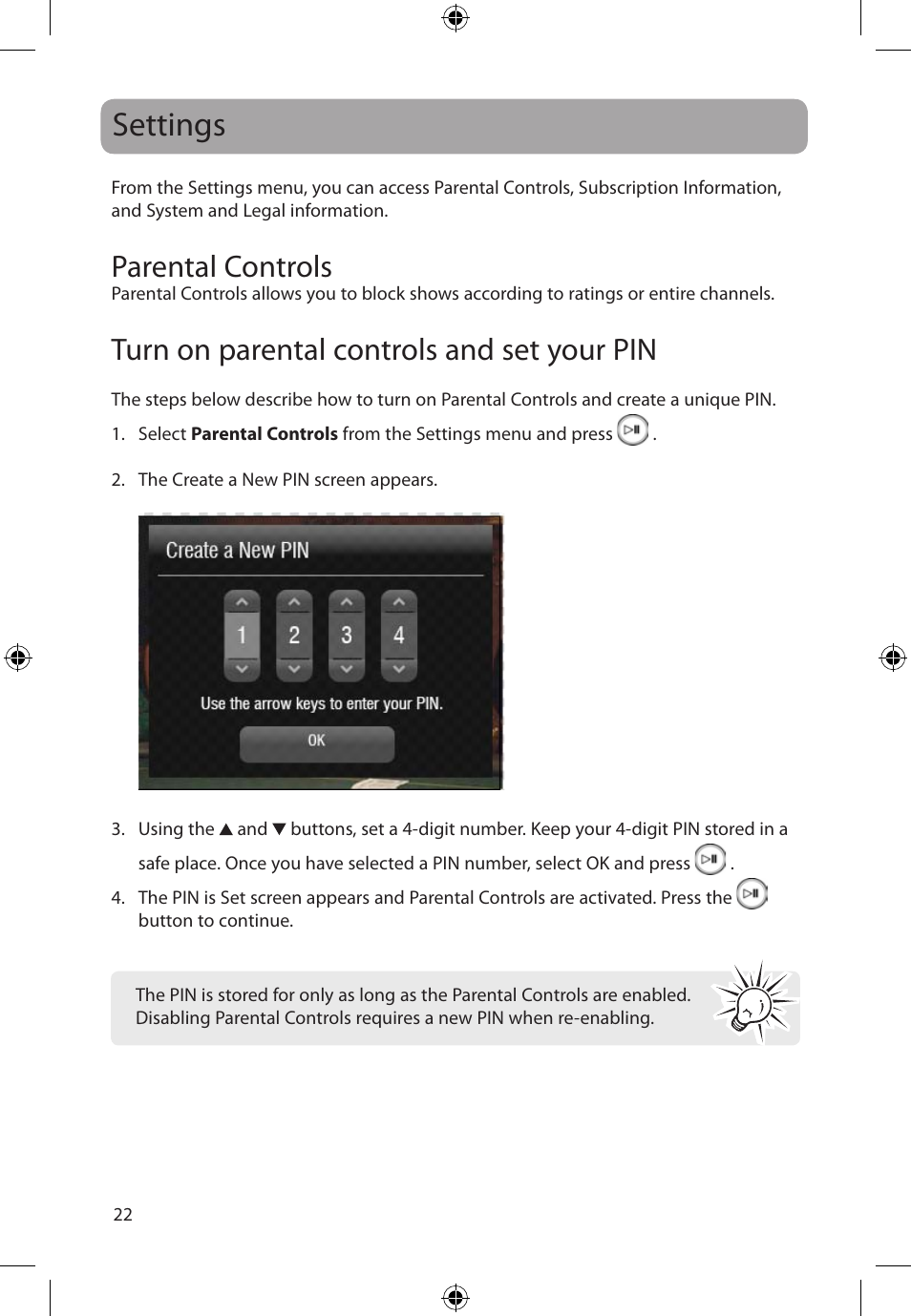 Settings, Parental controls, Turn on parental controls and set your pin | Audiovox FLO TV DFL710 User Manual | Page 23 / 48