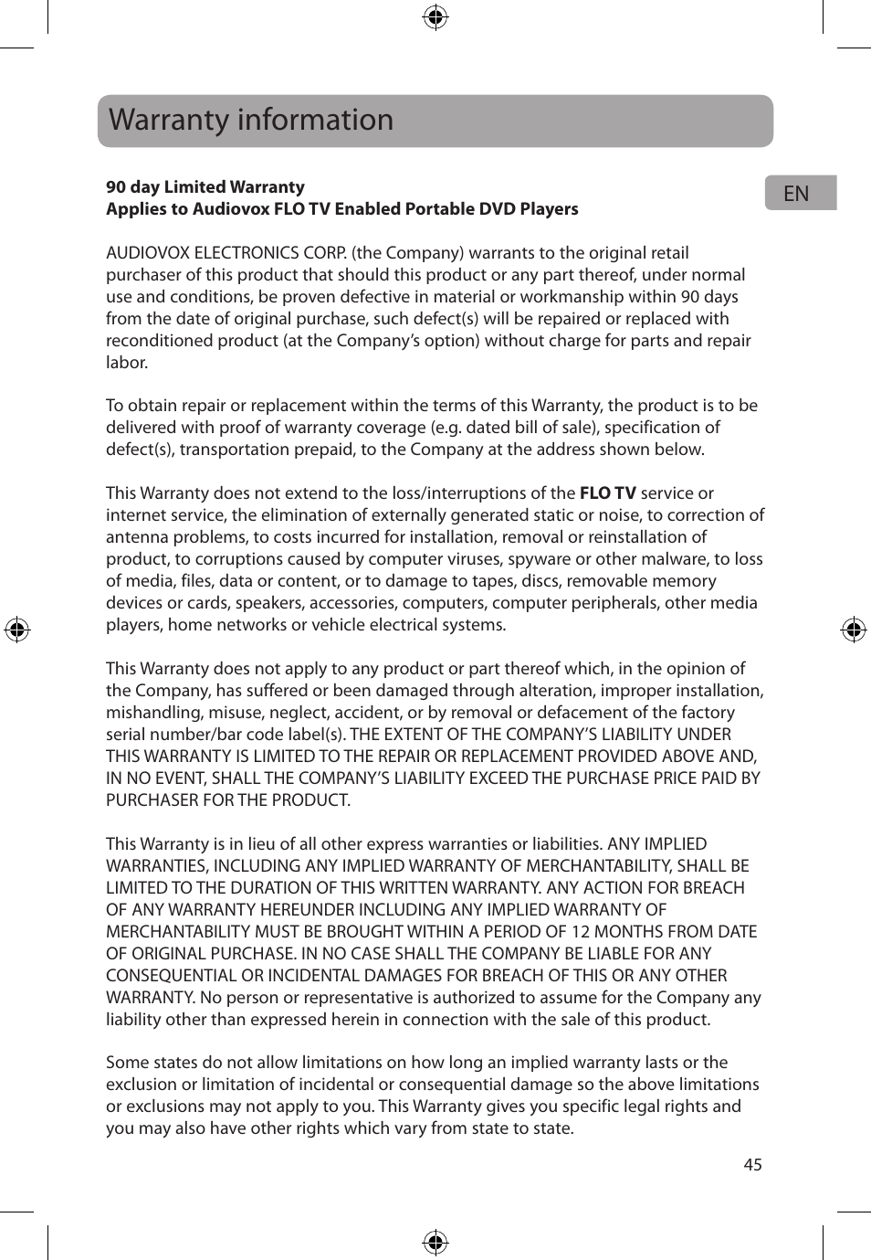 Warranty information | Audiovox FLO TV DFL710 User Manual | Page 46 / 48