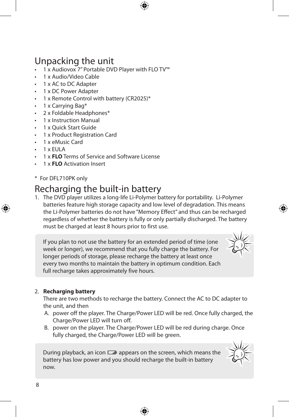 Unpacking the unit, Recharging the built-in battery | Audiovox FLO TV DFL710 User Manual | Page 9 / 48