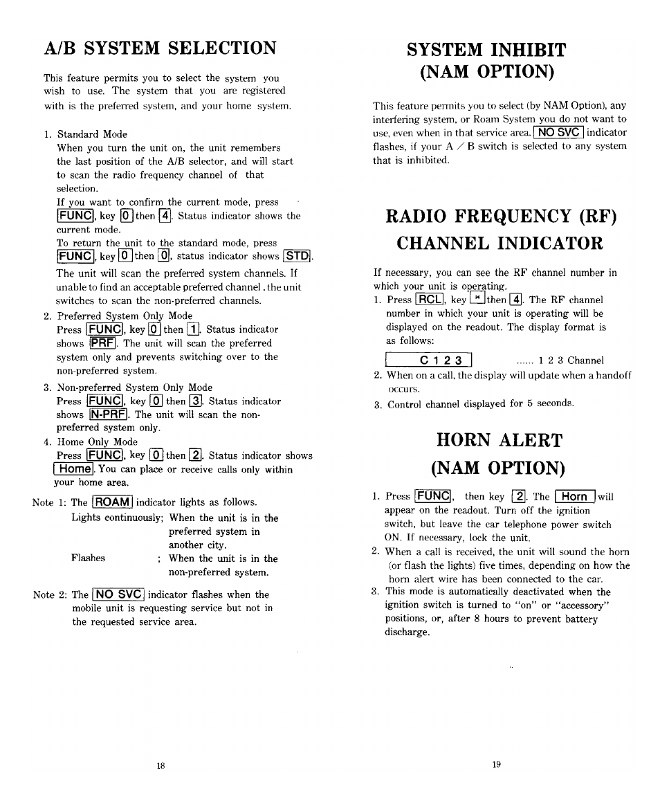 A/b system selection, System inhibit (nam option), Radio frequency (rf) channel indicator | Horn alert (nam option) | Audiovox SP85 User Manual | Page 10 / 12