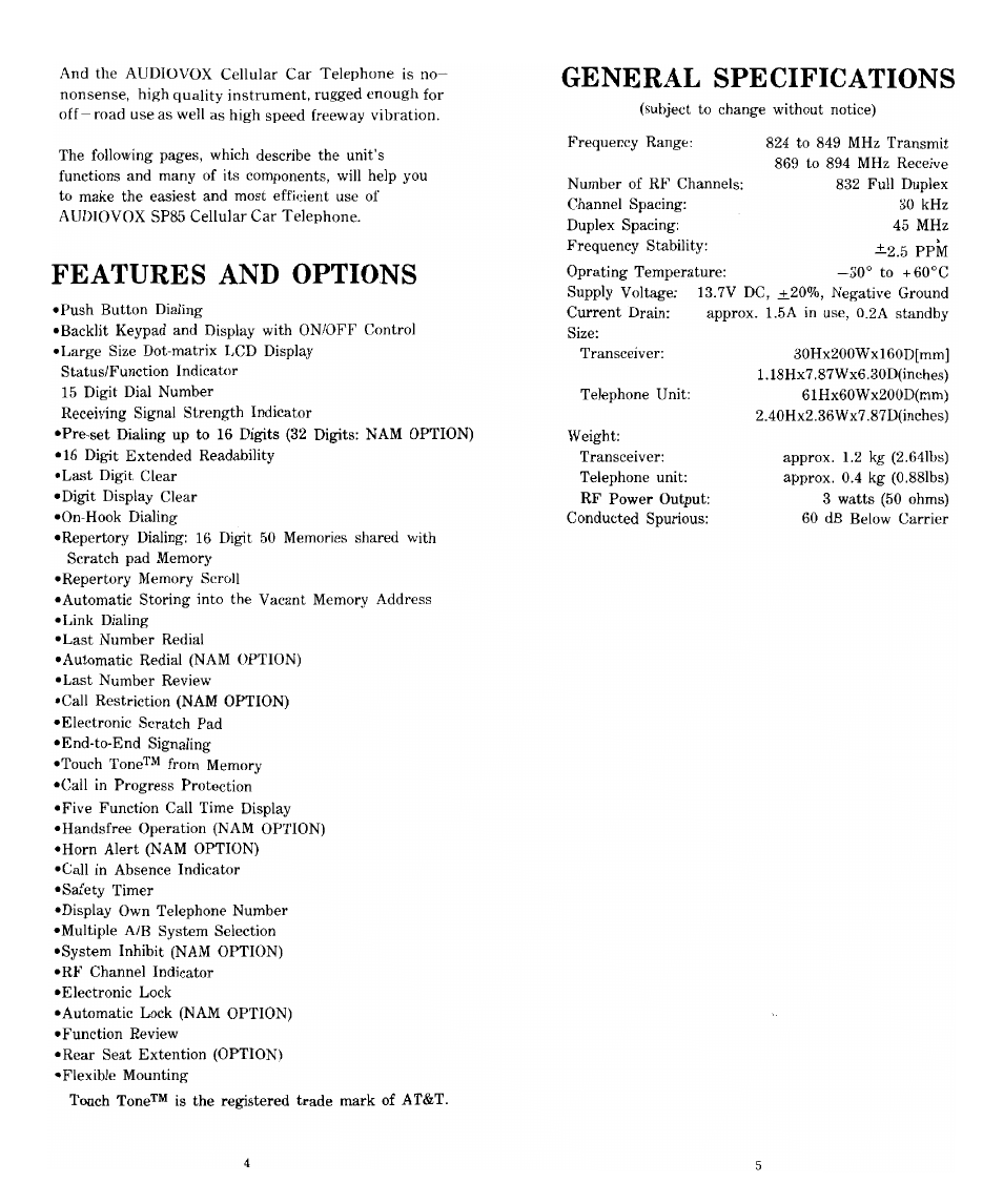 Features and options, General specifications, Features and options general specifications | Audiovox SP85 User Manual | Page 3 / 12