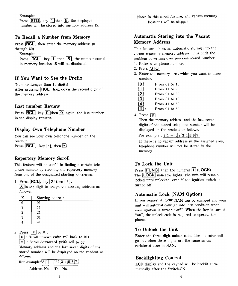 To recall a number from memory, If you want to see the prefix, Last number review | Display own telephone number, Repertory memory scroll, Automatic storing into the vacant memory address, To lock the unit, Automatic lock (nam option), To unlock the unit, Backlighting control | Audiovox SP85 User Manual | Page 5 / 12