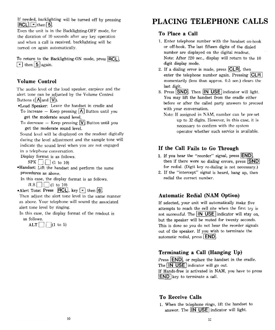 Volume control, Placing telephone calls, To place a call | If the call fails to go through, Automatic redial (nam option), Terminating a call (hanging up), To receive calls | Audiovox SP85 User Manual | Page 6 / 12