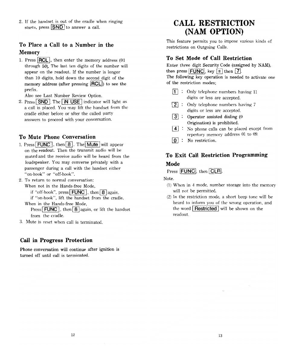 To place a call to a number in the memory, To mute phone conversation, Call restriction (nam option) | To set mode of call restriction, To exit call restriction programming mode, Call in progress protection | Audiovox SP85 User Manual | Page 7 / 12