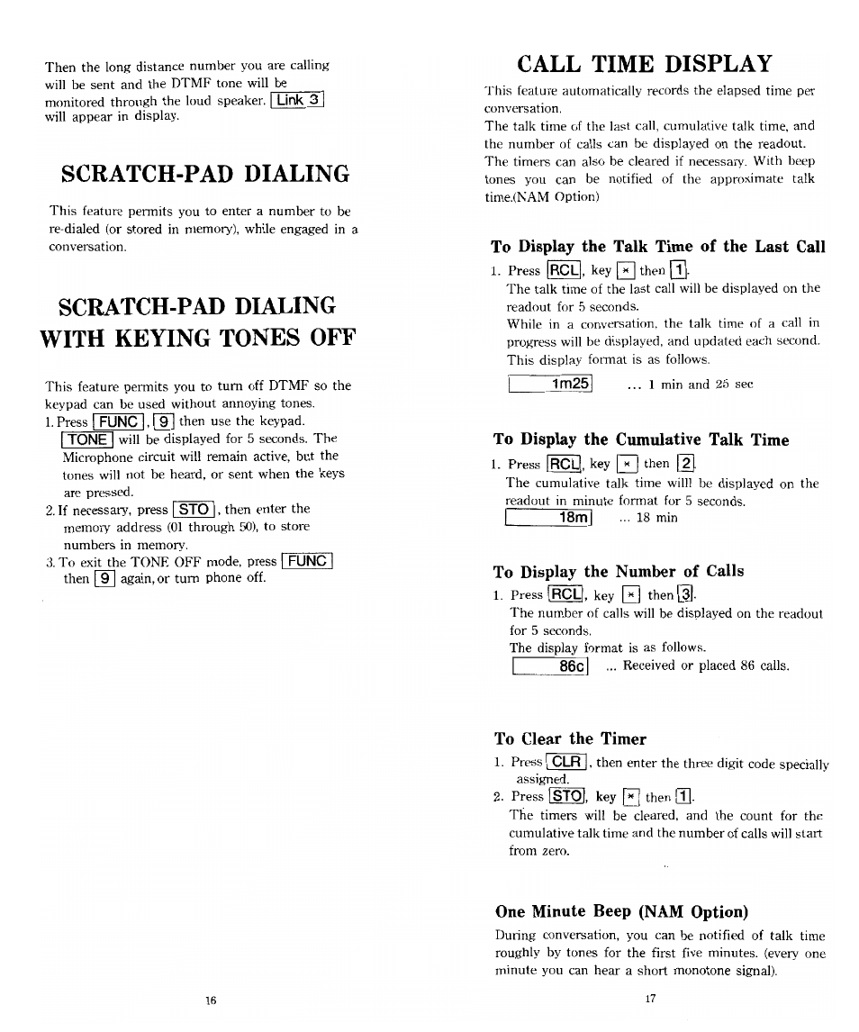 Scratch-pad dialing, Scratch pad dialing with keying tones off, Call time display | To display the talk time of the last call, To display the cumulative talk time, To display the number of calls, To clear the timer, One minute beep (nam option) | Audiovox SP85 User Manual | Page 9 / 12