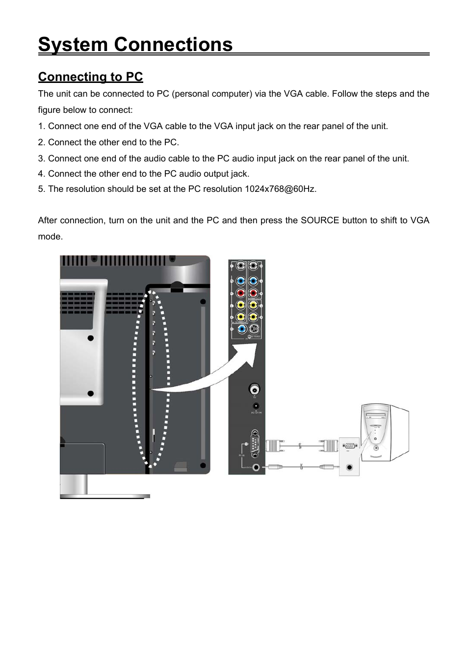 System connections, Connecting to pc | Audiovox FPE1906DV User Manual | Page 16 / 44
