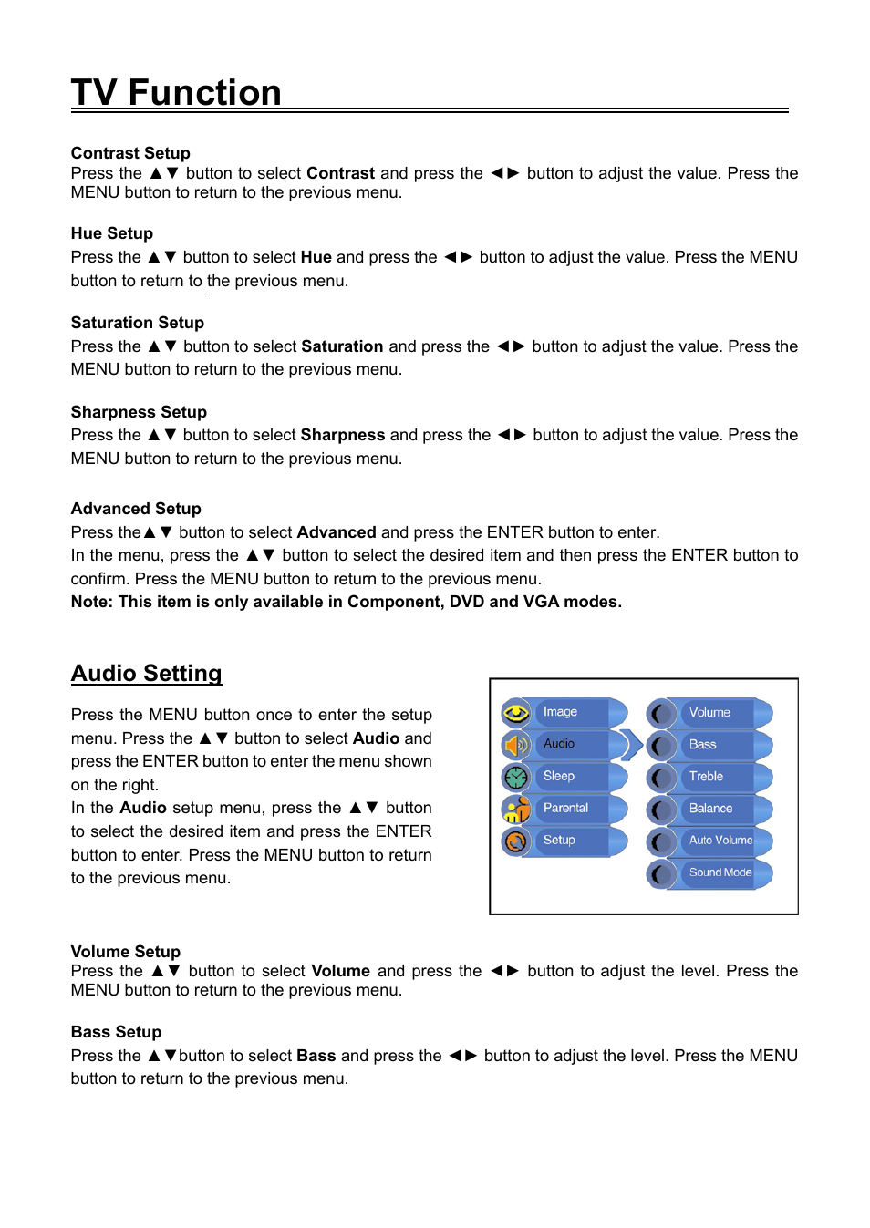 Tv function, Audio setting | Audiovox FPE1906DV User Manual | Page 20 / 44