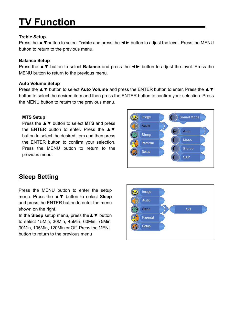 Tv function, Sleep setting | Audiovox FPE1906DV User Manual | Page 21 / 44